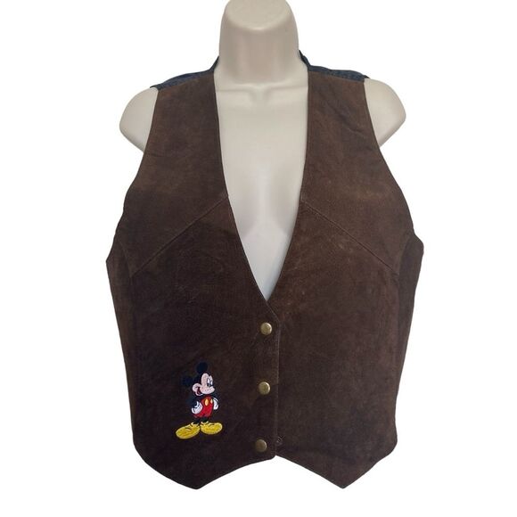 Vintage Disney Mickey Unlimited Suede Leather Vest Snaps Brown Mickey Mouse M/L - Picture 1 of 11